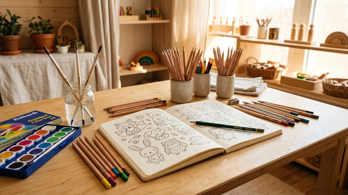 Montessori Kunst- und Malatelier mit Zeichenblock, Buntstiften und Pelikan Wasserfarben im warmen Sonnenlicht